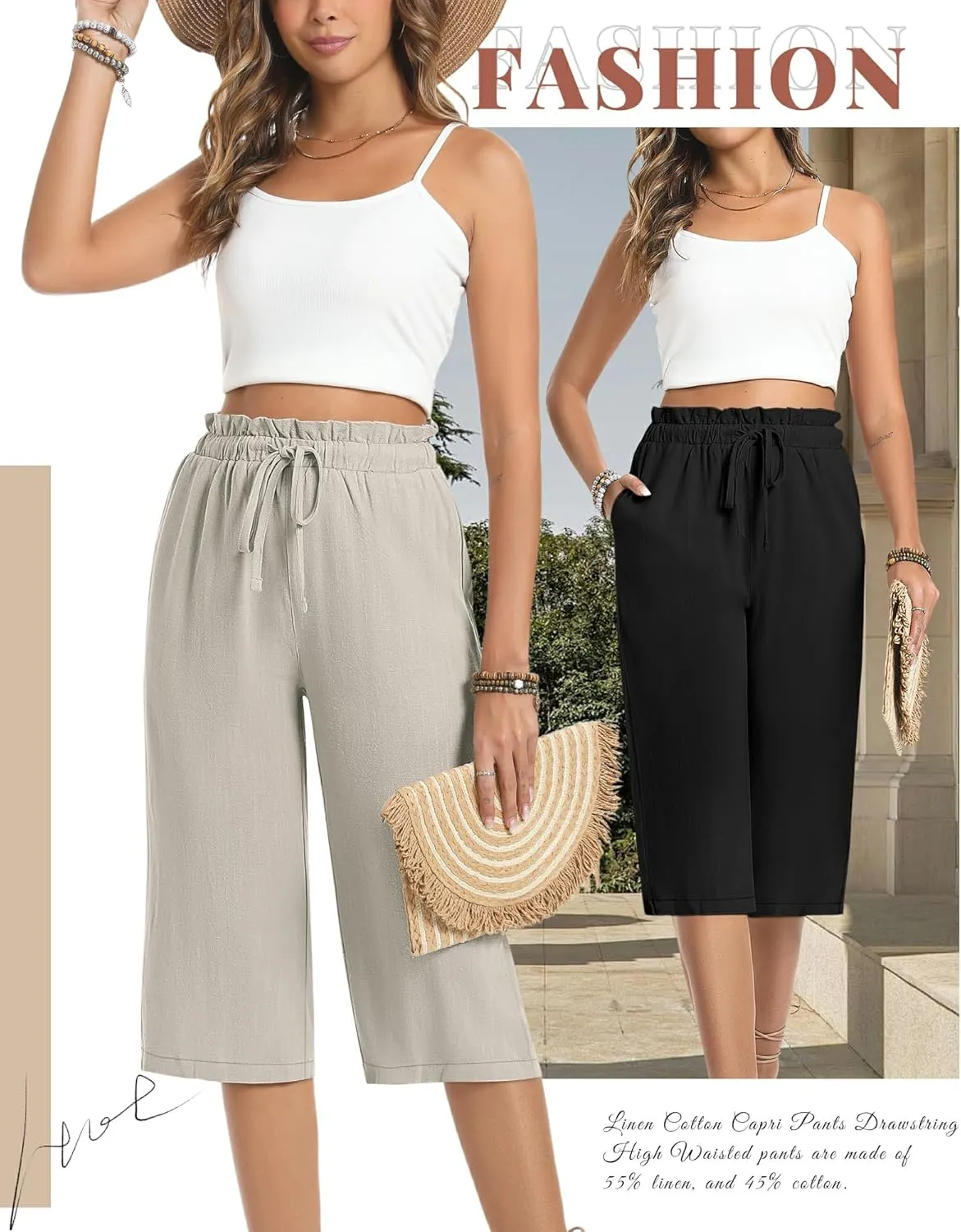 2 Pack Women's Linen Cotton Capri Pants Drawstring High Waisted Loose Wide Leg Casual Summer Trousers with Pockets