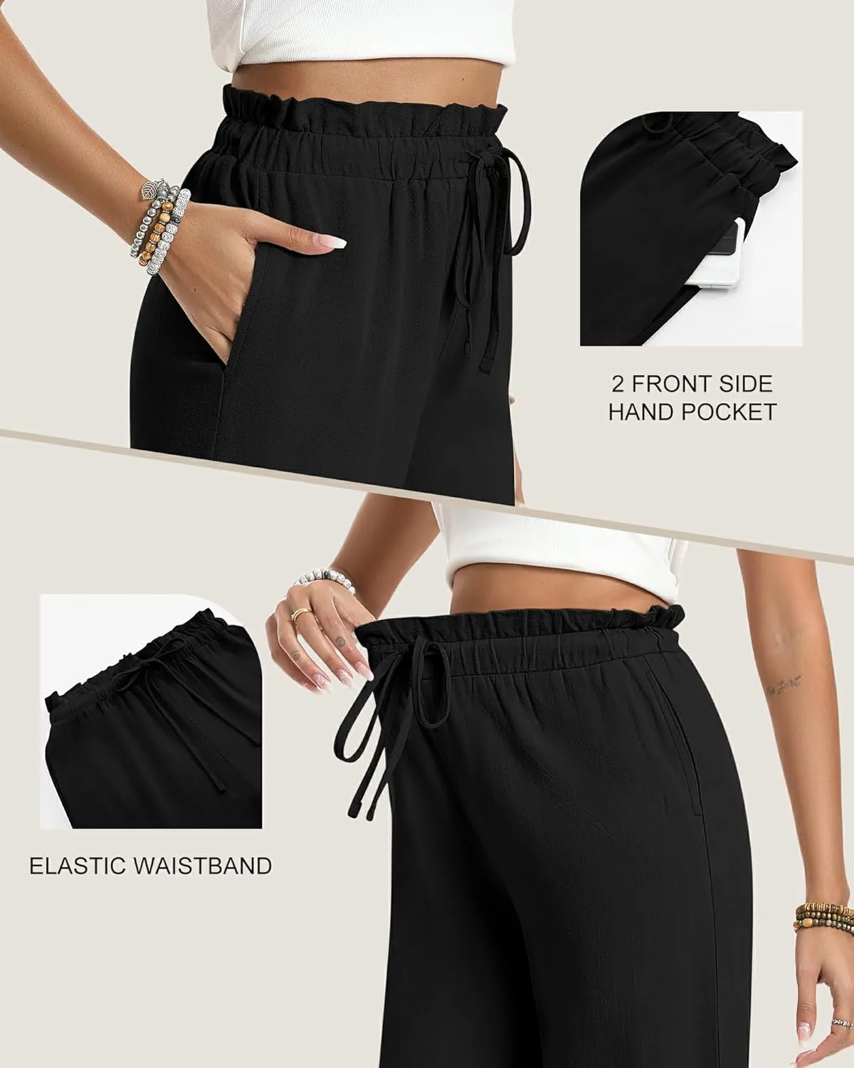 2 Pack Women's Linen Cotton Capri Pants Drawstring High Waisted Loose Wide Leg Casual Summer Trousers with Pockets