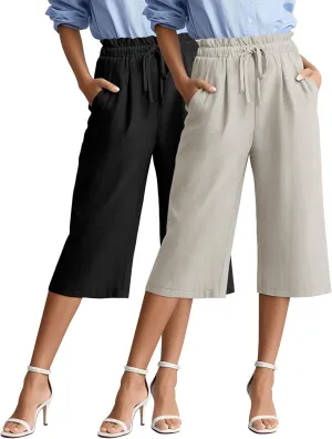2 Pack Women's Linen Cotton Capri Pants Drawstring High Waisted Loose Wide Leg Casual Summer Trousers with Pockets