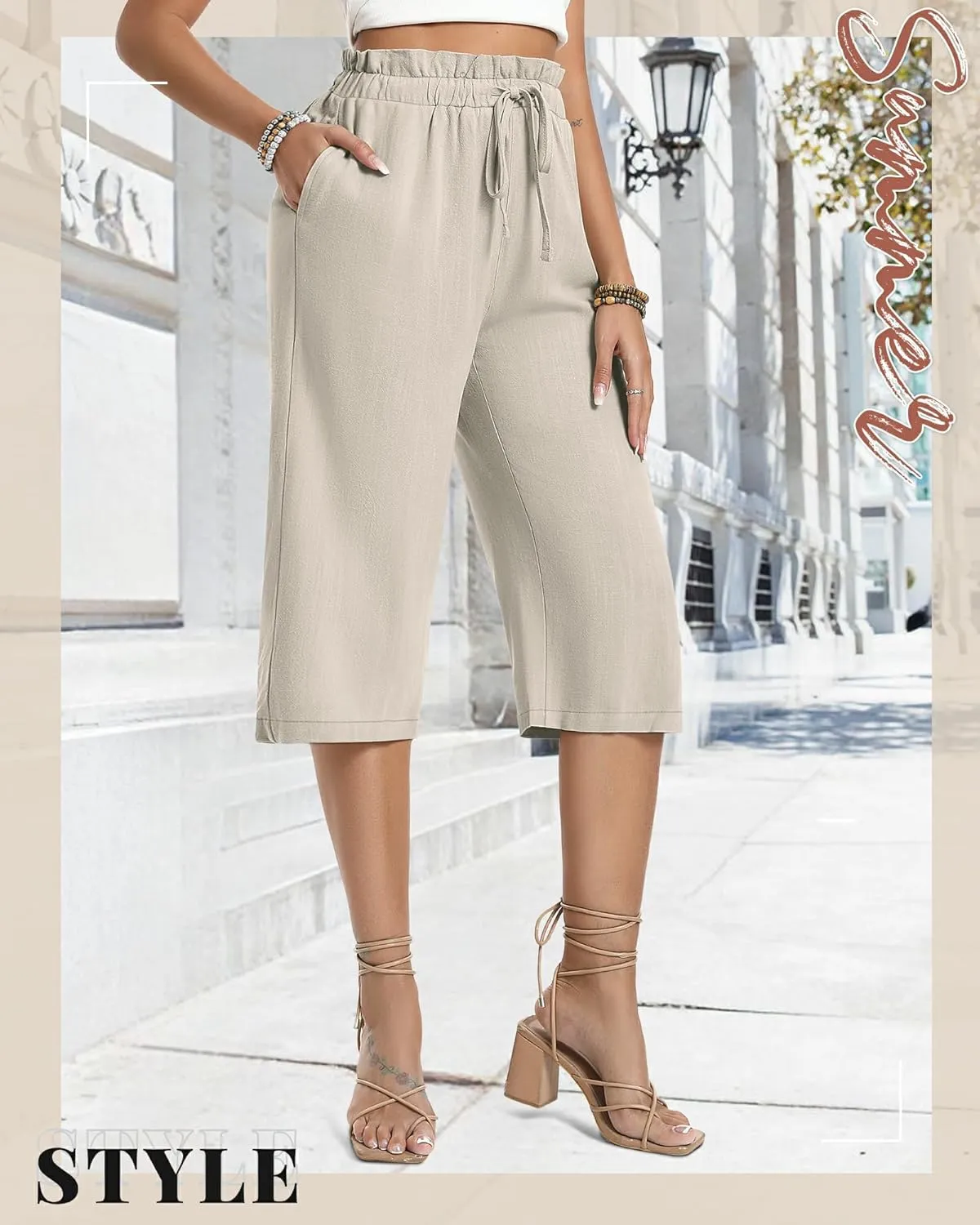 2 Pack Women's Linen Cotton Capri Pants Drawstring High Waisted Loose Wide Leg Casual Summer Trousers with Pockets