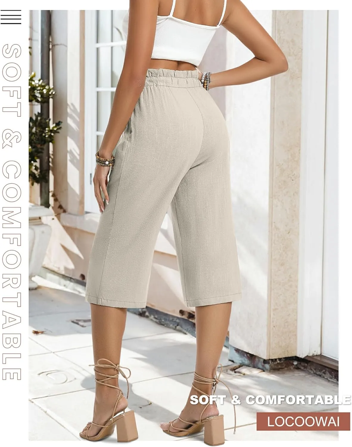 2 Pack Women's Linen Cotton Capri Pants Drawstring High Waisted Loose Wide Leg Casual Summer Trousers with Pockets