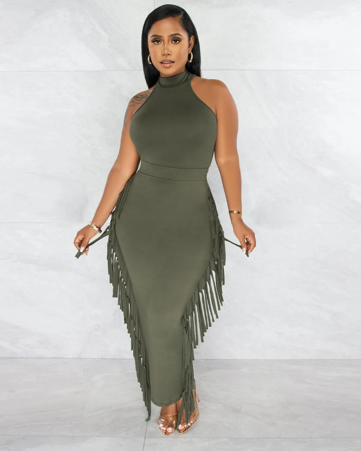 2 Piece Outfits for Women Sexy Crop Top Ruched Bodycon Maxi Dresses Fringe Skirt Sets Night Club Jumpsuits