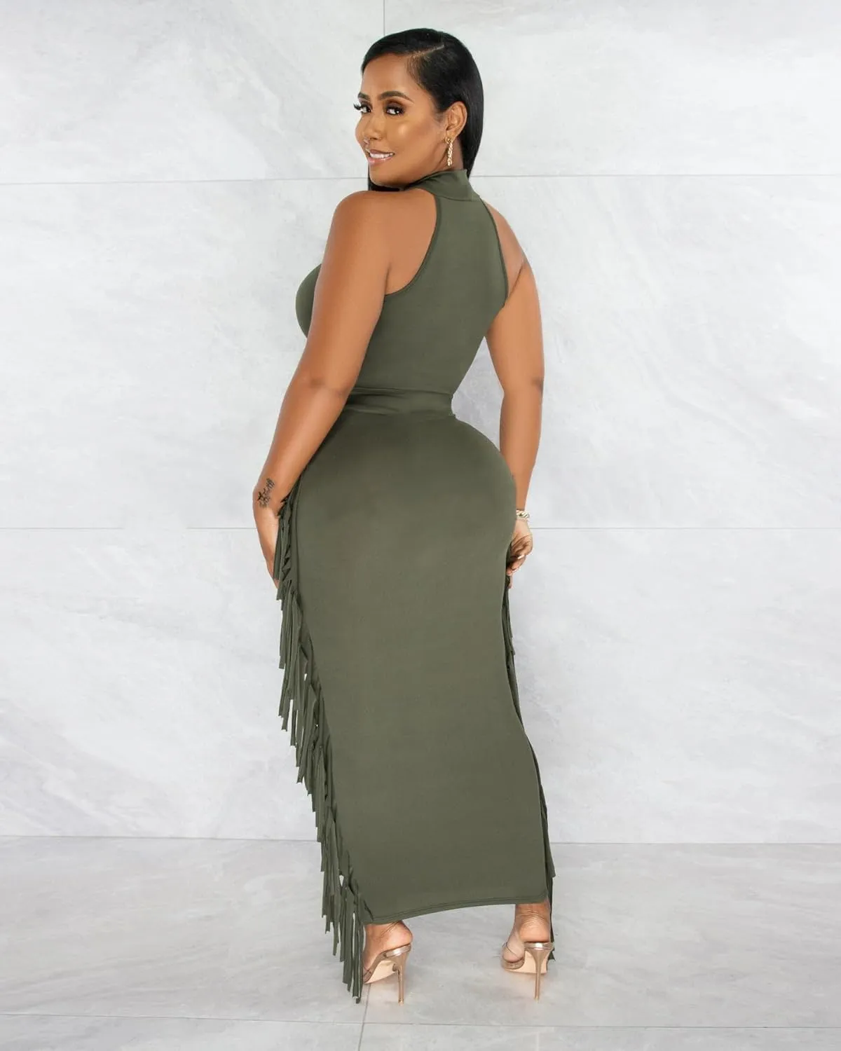 2 Piece Outfits for Women Sexy Crop Top Ruched Bodycon Maxi Dresses Fringe Skirt Sets Night Club Jumpsuits