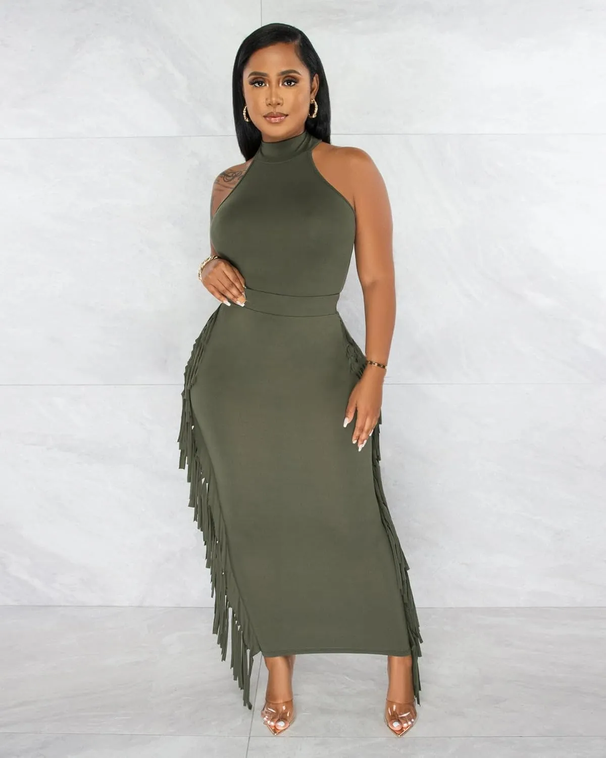 2 Piece Outfits for Women Sexy Crop Top Ruched Bodycon Maxi Dresses Fringe Skirt Sets Night Club Jumpsuits