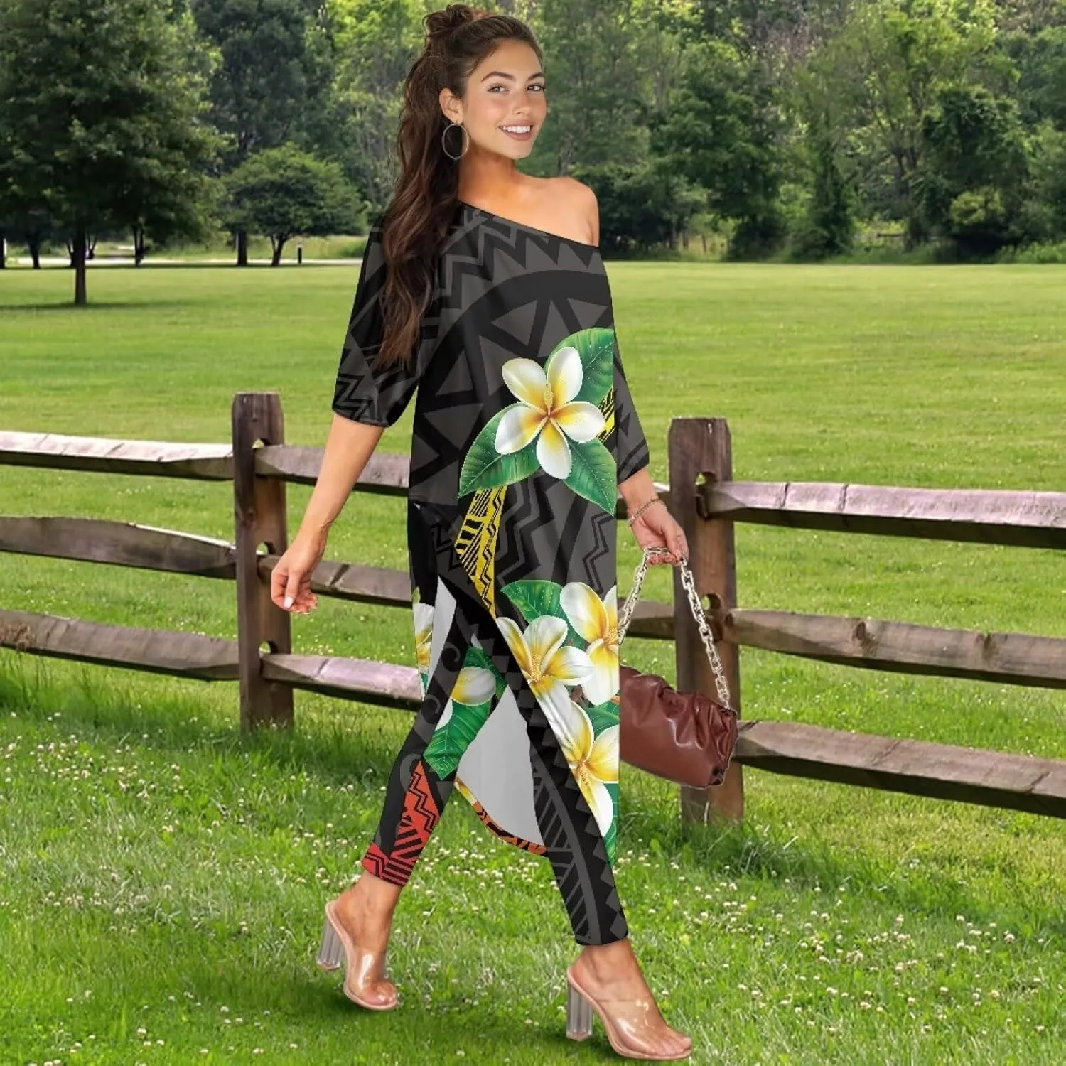 2 Pieces Polynesian Traditional Women Clothing Samoa Puletasi Dress Ladies Casual Tops and Skinny Pants Set