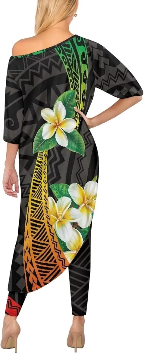 2 Pieces Polynesian Traditional Women Clothing Samoa Puletasi Dress Ladies Casual Tops and Skinny Pants Set