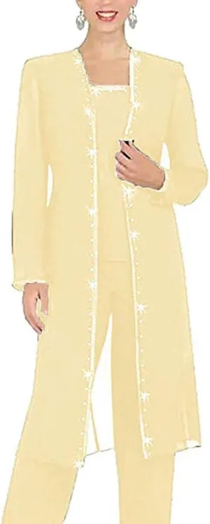3 PC Chiffon Beaded Pant Suits Plus Size Mother of The Bride Wedding Formal Evening Groom Gowns
