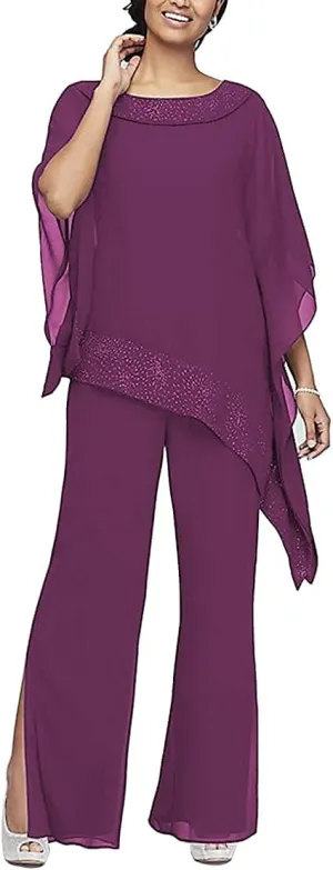 3 PC Chiffon Irregular Plus Size Women Pant Suits Mother of The Bride Wedding Formal Evening Groom Gowns