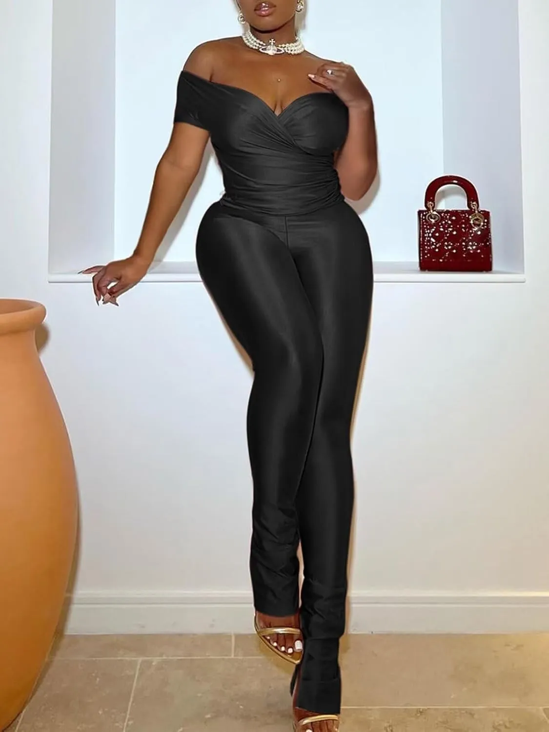 acelyn 2 Piece Outfits for Women Sexy Off Shoulder Tops Bodycon Flared Pant Sets Club Outfits Tracksuit