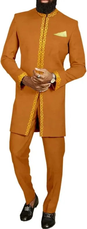 African Suit for Men Jacket and Trousers 2 Piece Set Dashiki Blazer with Kerchief Bazin Riche Kaftan Wedding Evening