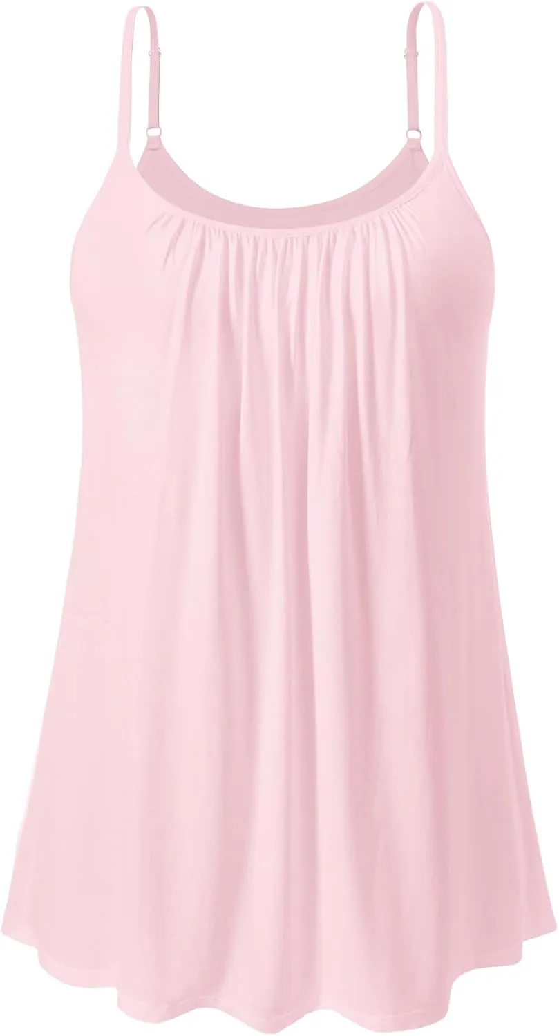 Air Curvey Camisole for Women Bulid in Bra Casual Flowy Cami Adjustable Spaghetti Strap Tank Top Pleated Loose Fit S-XXXXL