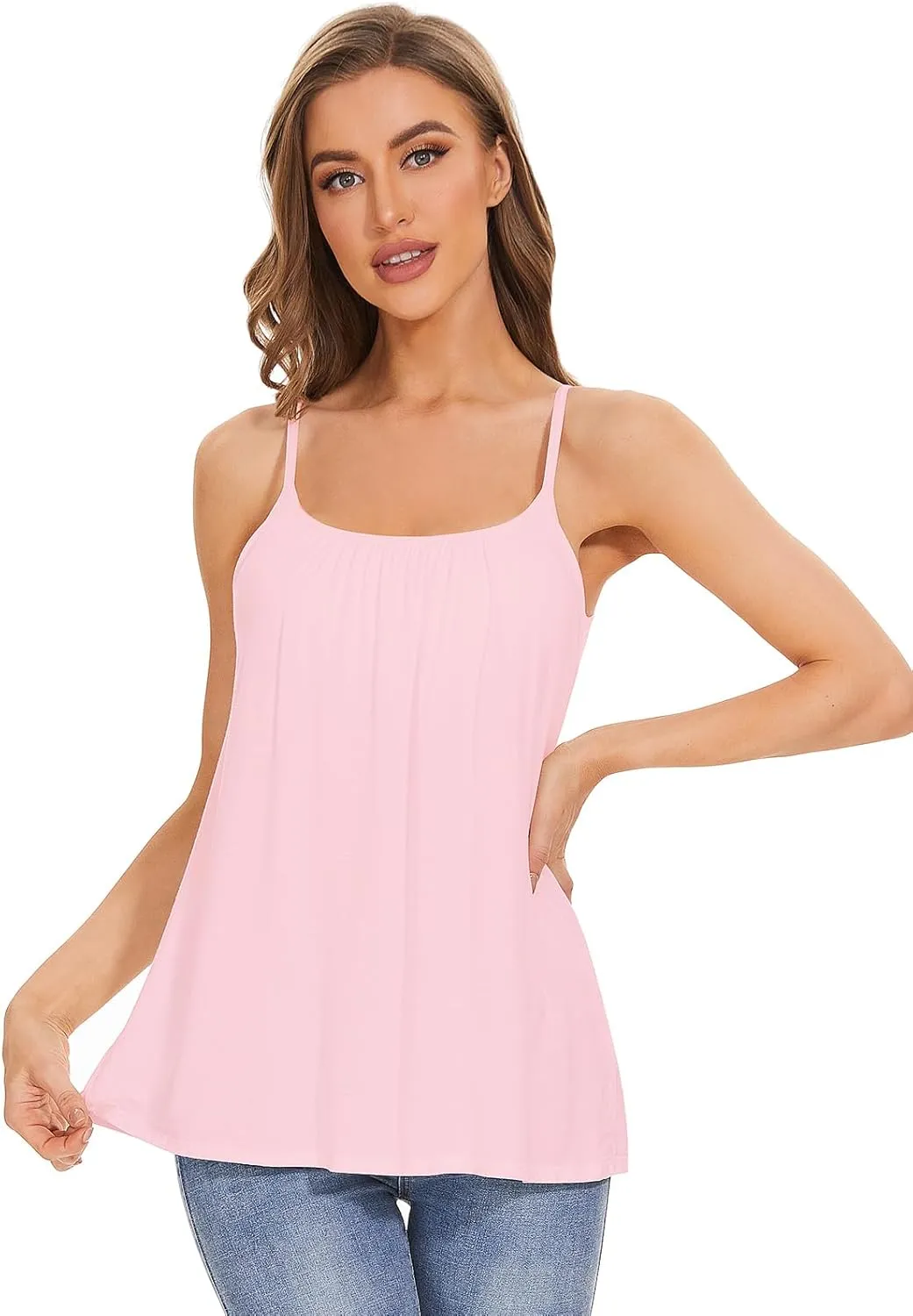 Air Curvey Camisole for Women Bulid in Bra Casual Flowy Cami Adjustable Spaghetti Strap Tank Top Pleated Loose Fit S-XXXXL
