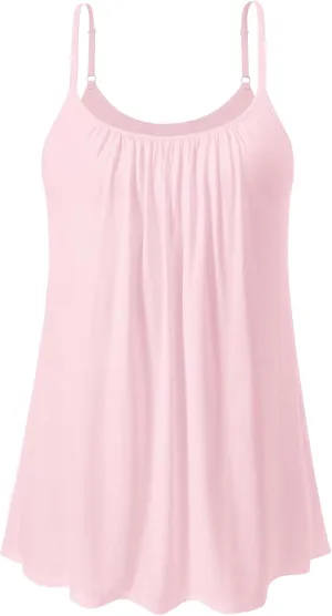 Air Curvey Camisole for Women Bulid in Bra Casual Flowy Cami Adjustable Spaghetti Strap Tank Top Pleated Loose Fit S-XXXXL