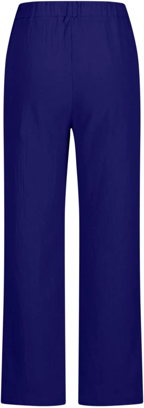 Akklian Women's Summer Cotton Linen Wide Leg Pants Drawstring High Waisted Palazzo Pants Flowy Beach Trousers with Pockets
