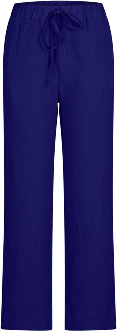 Akklian Women's Summer Cotton Linen Wide Leg Pants Drawstring High Waisted Palazzo Pants Flowy Beach Trousers with Pockets