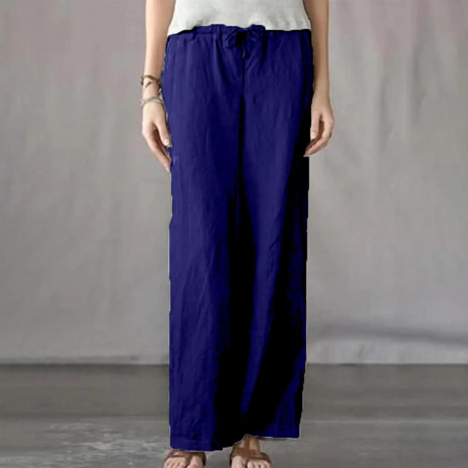 Akklian Women's Summer Cotton Linen Wide Leg Pants Drawstring High Waisted Palazzo Pants Flowy Beach Trousers with Pockets