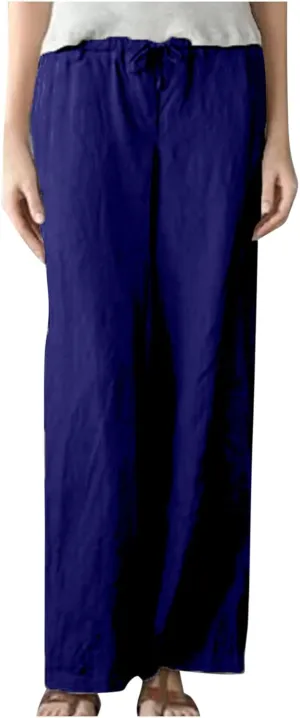 Akklian Women's Summer Cotton Linen Wide Leg Pants Drawstring High Waisted Palazzo Pants Flowy Beach Trousers with Pockets