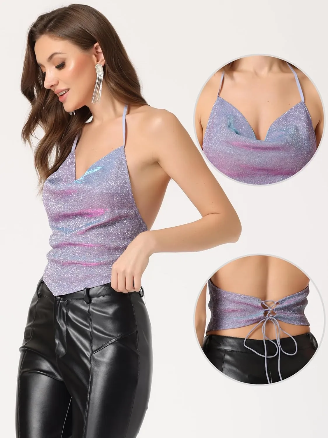Allegra K Sparkly Metallic Camisole for Women's Party Cowl Neck Backless Glitter Halter Tops