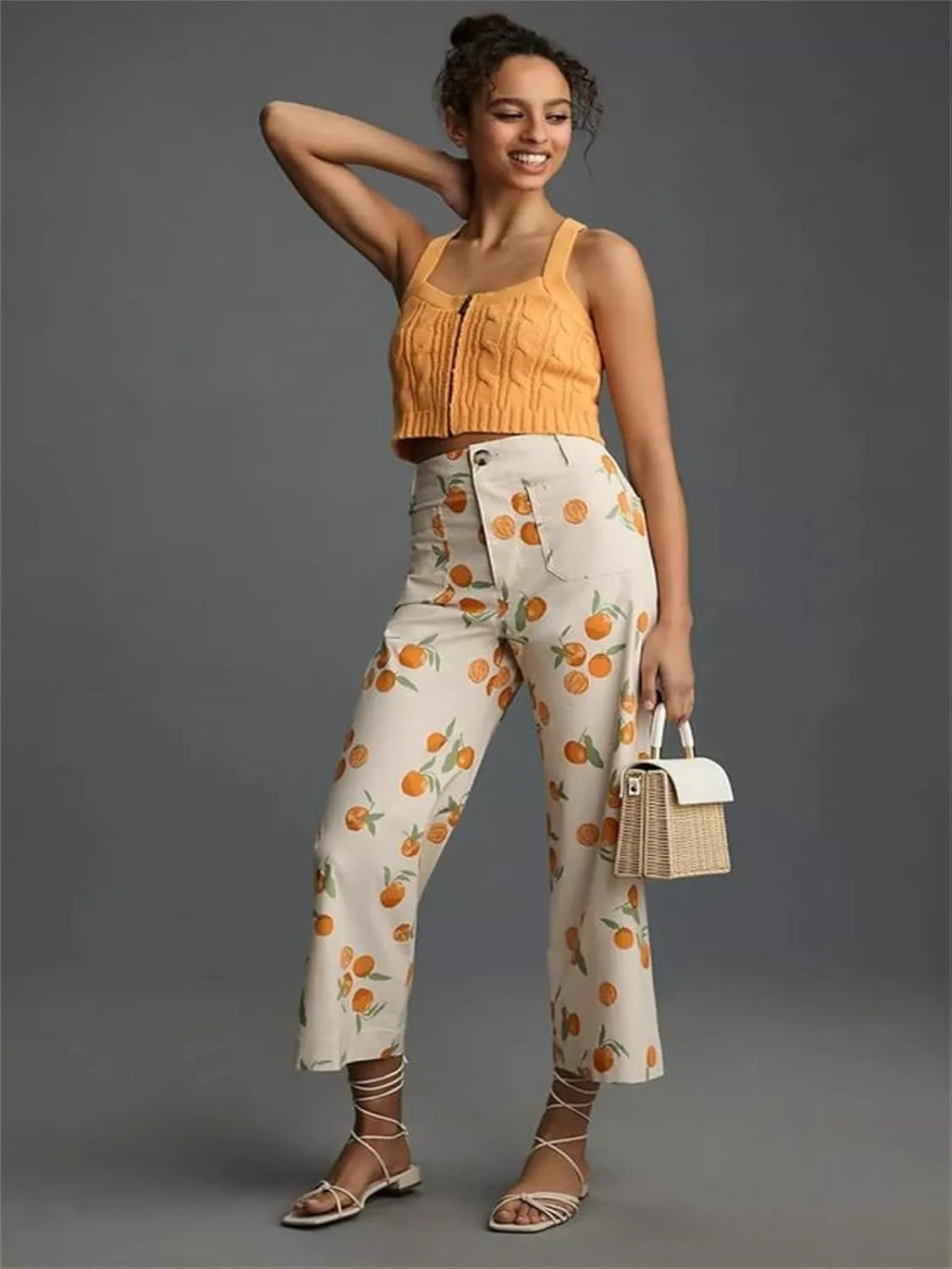 Alyweatry Women BUON Appetito Print Jeans High Waist Straight Leg Summer Fruit Tapas Print Denim Pants