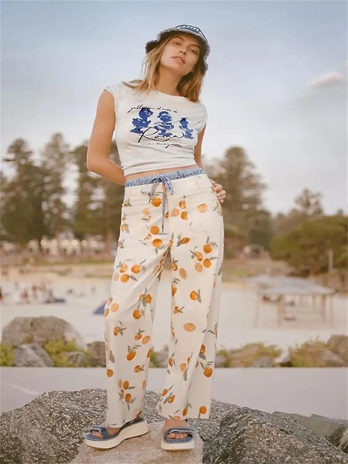 Alyweatry Women BUON Appetito Print Jeans High Waist Straight Leg Summer Fruit Tapas Print Denim Pants