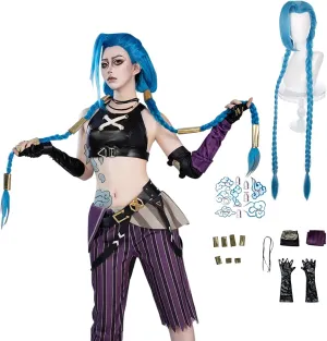 Anime Game Newly Upgraded Vest Pants Cosplay Costume Suit with Long Blue Wig for Women Halloween