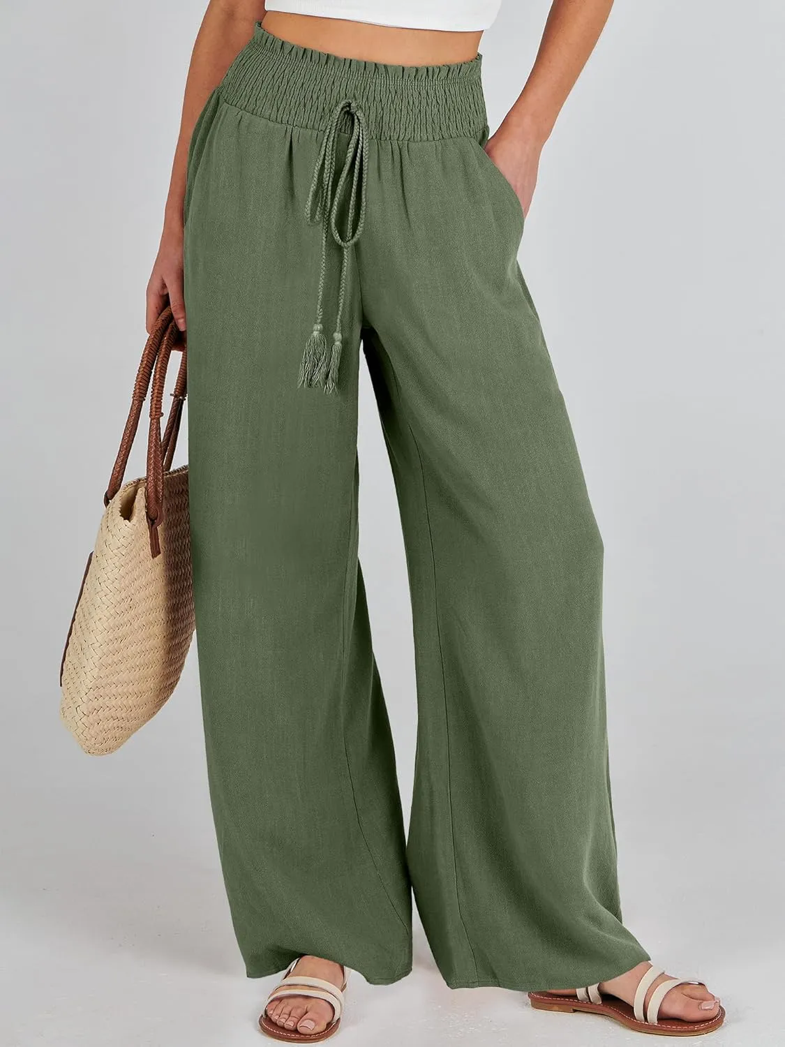 ANRABESS Women's Linen Pants Summer Casual Palazzo Beach Pant Drawstring High Waist Wide Leg Trousers Vacation Outfits