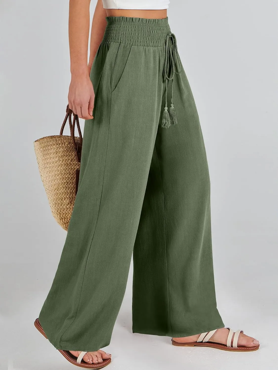 ANRABESS Women's Linen Pants Summer Casual Palazzo Beach Pant Drawstring High Waist Wide Leg Trousers Vacation Outfits