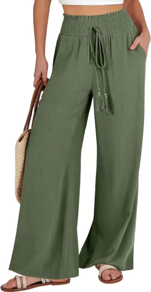 ANRABESS Women's Linen Pants Summer Casual Palazzo Beach Pant Drawstring High Waist Wide Leg Trousers Vacation Outfits