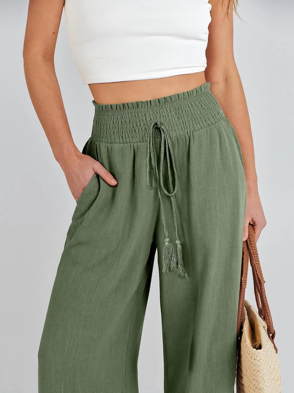ANRABESS Women's Linen Pants Summer Casual Palazzo Beach Pant Drawstring High Waist Wide Leg Trousers Vacation Outfits