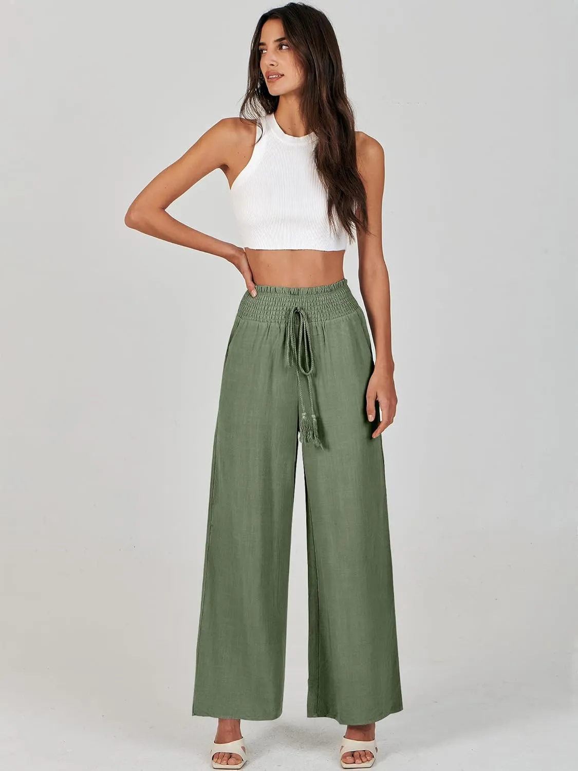 ANRABESS Women's Linen Pants Summer Casual Palazzo Beach Pant Drawstring High Waist Wide Leg Trousers Vacation Outfits