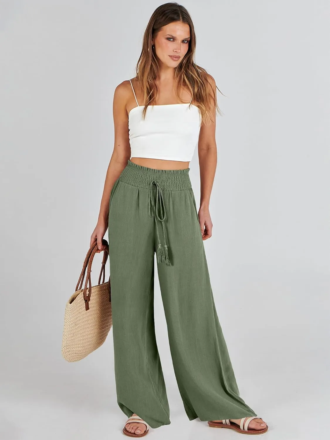 ANRABESS Women's Linen Pants Summer Casual Palazzo Beach Pant Drawstring High Waist Wide Leg Trousers Vacation Outfits
