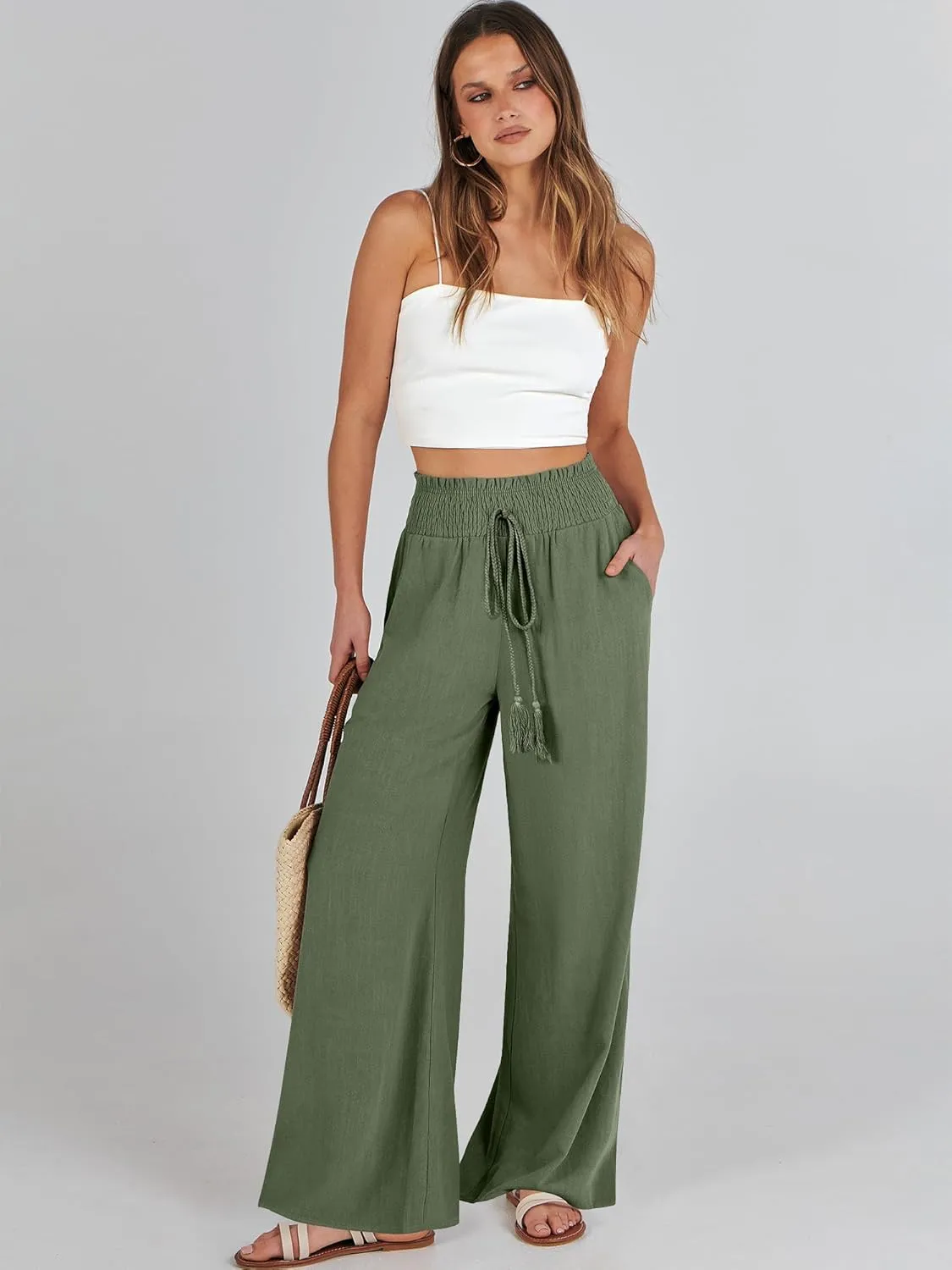 ANRABESS Women's Linen Pants Summer Casual Palazzo Beach Pant Drawstring High Waist Wide Leg Trousers Vacation Outfits