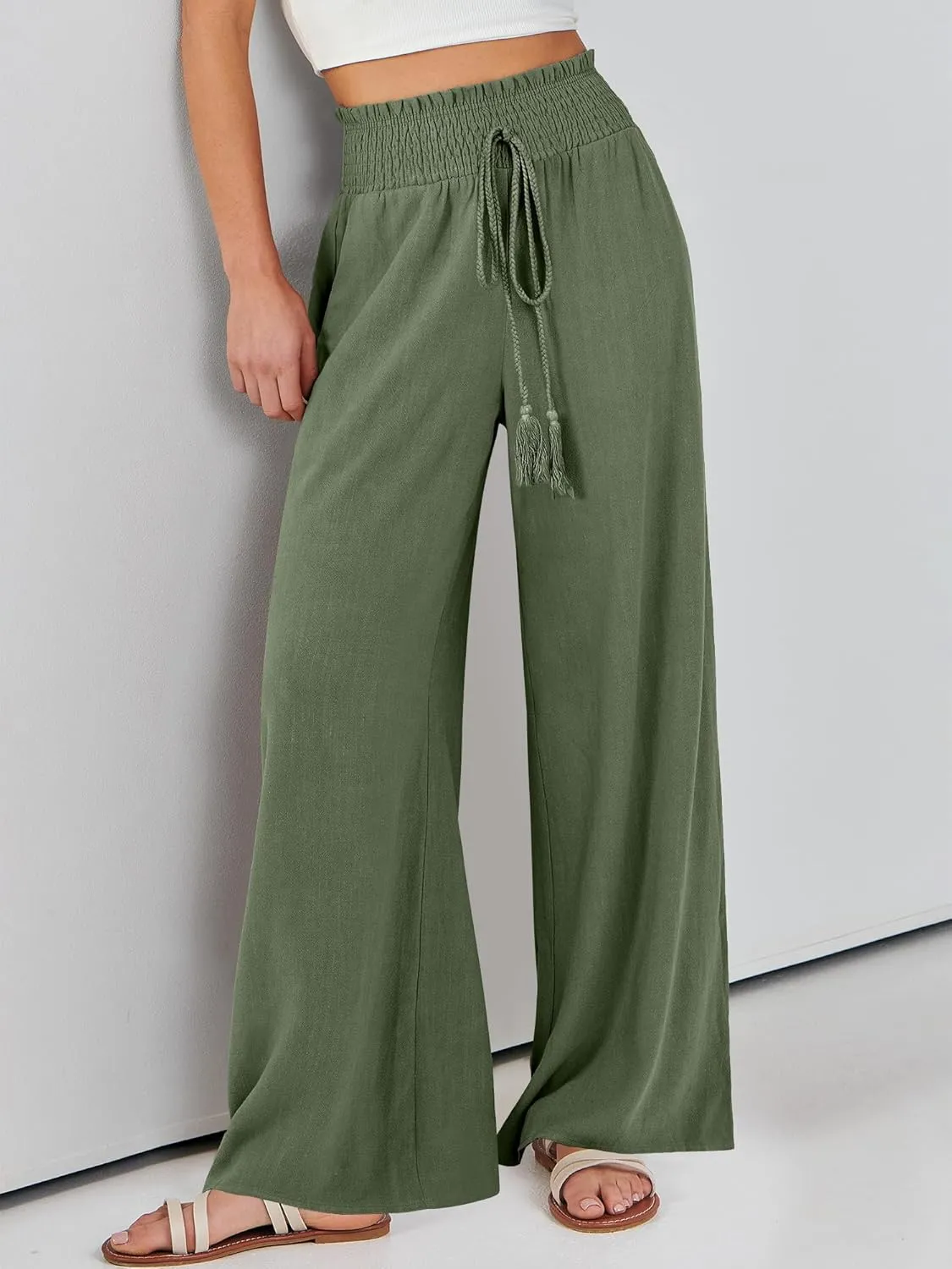 ANRABESS Women's Linen Pants Summer Casual Palazzo Beach Pant Drawstring High Waist Wide Leg Trousers Vacation Outfits