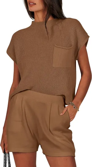 ANRABESS Women's Two Piece Summer Outfits Knit Sweater Short Sets Pullover Tops & Shorts Lounge Matching Clothes Set