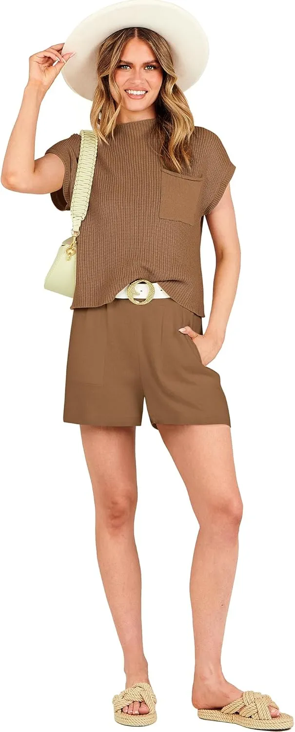 ANRABESS Women's Two Piece Summer Outfits Knit Sweater Short Sets Pullover Tops & Shorts Lounge Matching Clothes Set