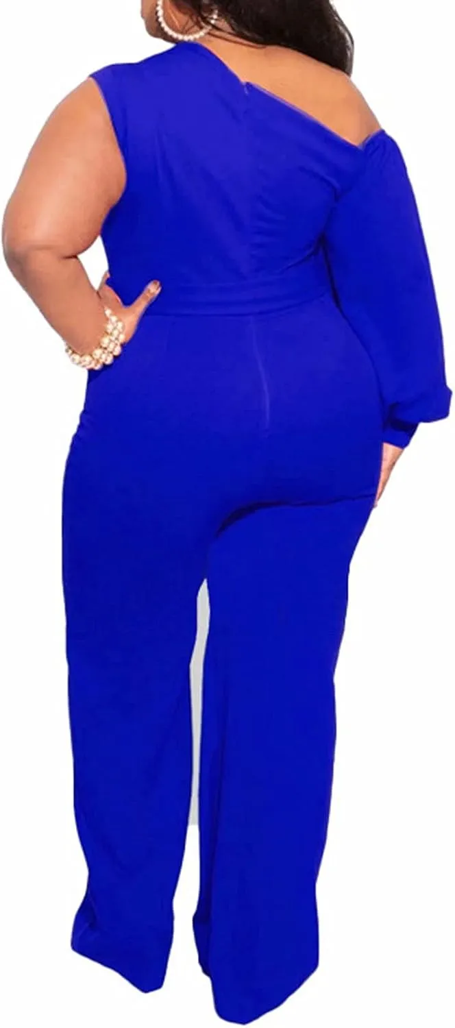 Aro Lora Women's Plus Size Sexy One Shoulder High Waist One Piece Pant Outfit Wide Leg Jumpsuit Romper