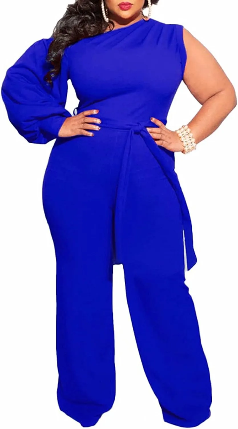 Aro Lora Women's Plus Size Sexy One Shoulder High Waist One Piece Pant Outfit Wide Leg Jumpsuit Romper