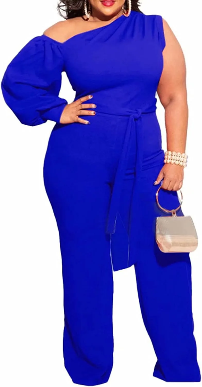 Aro Lora Women's Plus Size Sexy One Shoulder High Waist One Piece Pant Outfit Wide Leg Jumpsuit Romper
