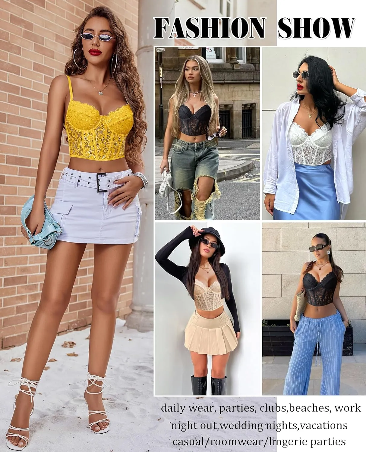 Avidlove Lace Bralette for Women V Neck Bustier Corset Tops with Underwired Racerback Adjustable Strap Crop Top
