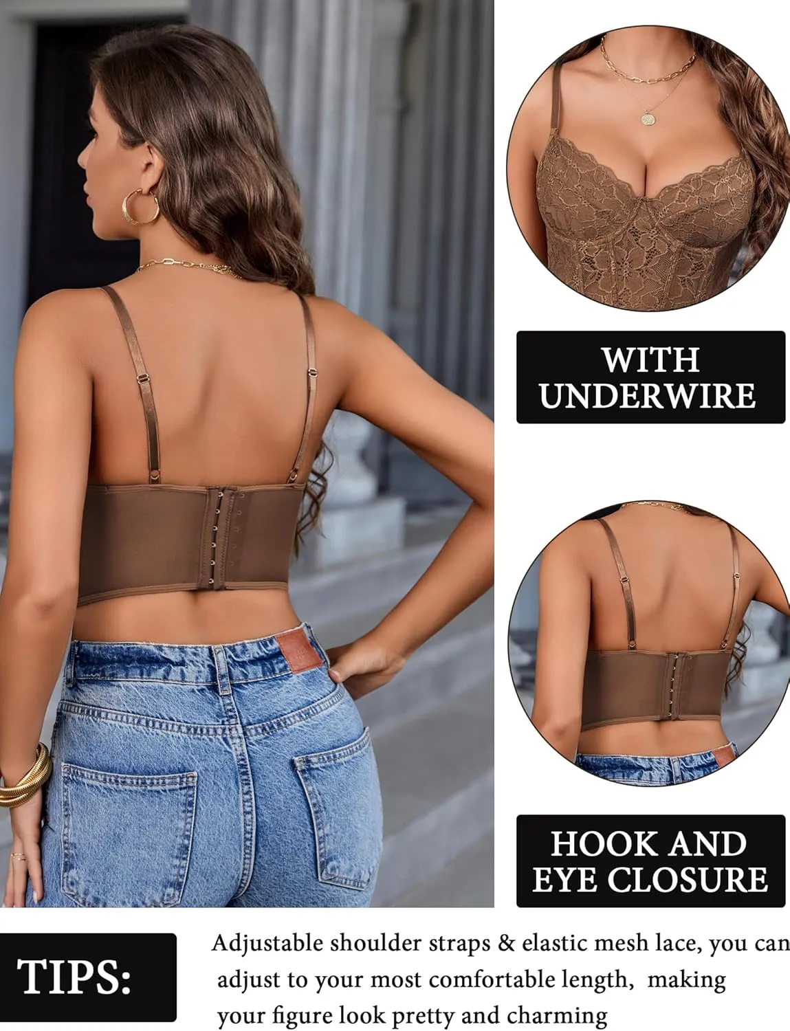 Avidlove Lace Bralette for Women V Neck Bustier Corset Tops with Underwired Racerback Adjustable Strap Crop Top