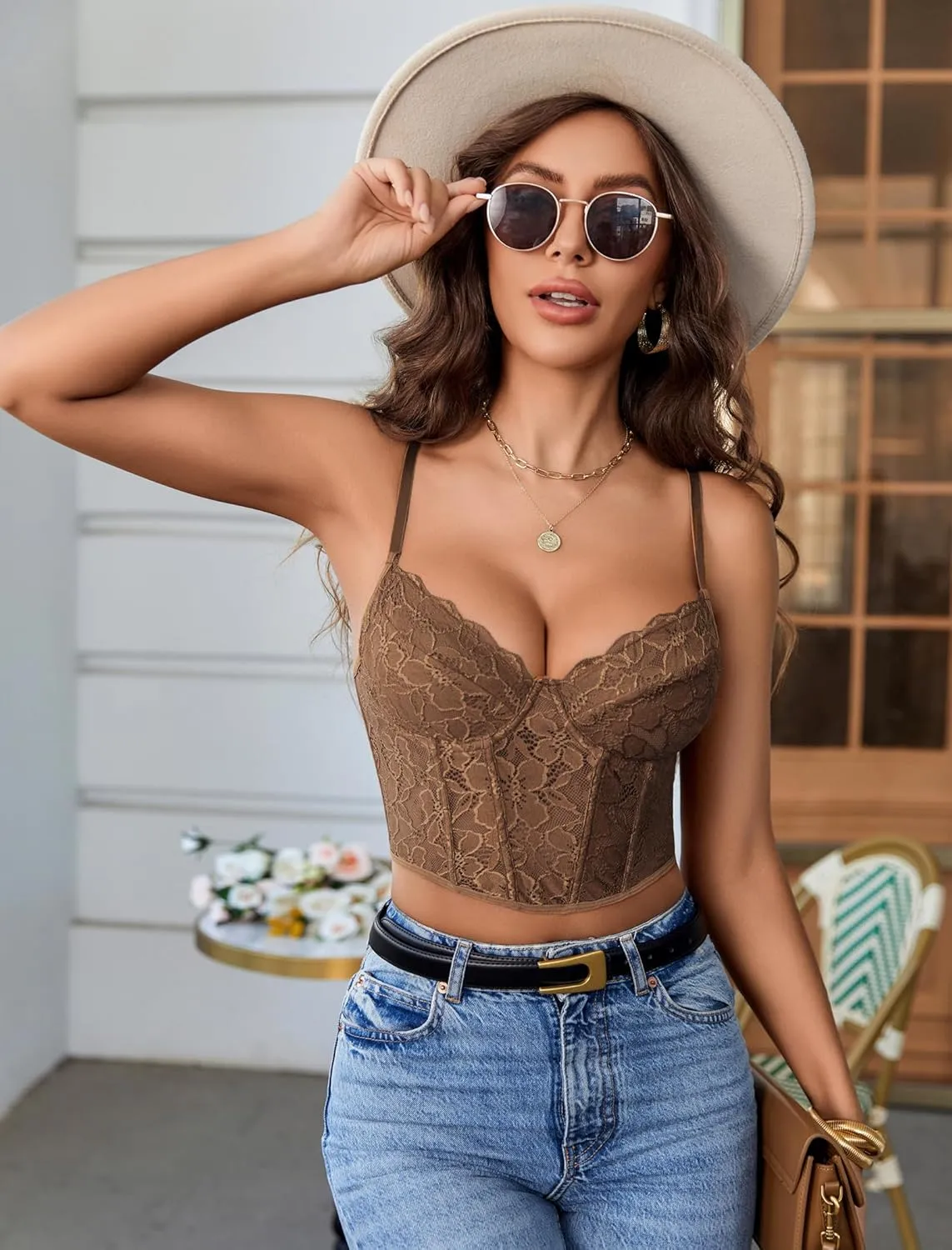 Avidlove Lace Bralette for Women V Neck Bustier Corset Tops with Underwired Racerback Adjustable Strap Crop Top