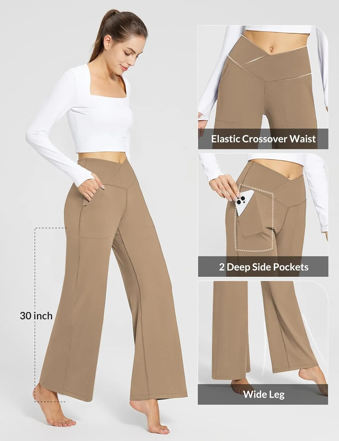 baleaf Womens Wide Leg Dress Pants Stretch High Waist Yoga Pants Casual Slacks Pockets Pull On Travel Petite Plus Size