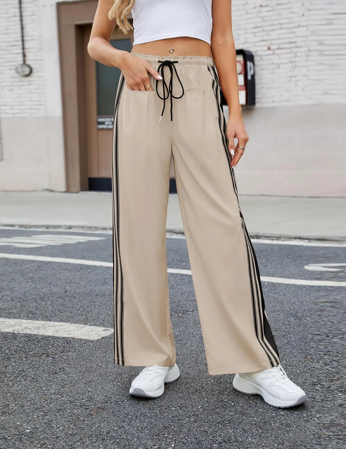 Bankeng Womens Side Striped Pants Wide Leg Drawstring High Waist Sweatpants Hudson Canyon Stripe Pants with Pockets