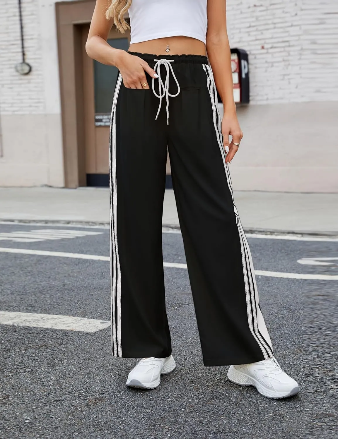 Bankeng Womens Side Striped Pants Wide Leg Drawstring High Waist Sweatpants Hudson Canyon Stripe Pants with Pockets
