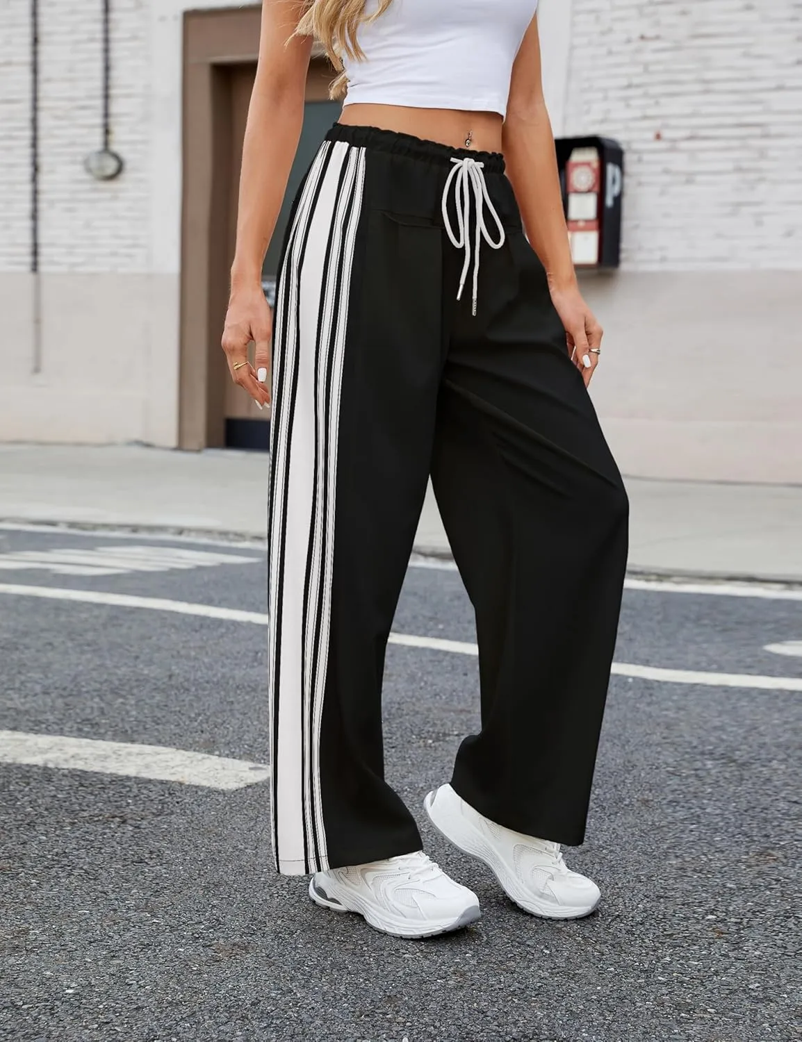 Bankeng Womens Side Striped Pants Wide Leg Drawstring High Waist Sweatpants Hudson Canyon Stripe Pants with Pockets