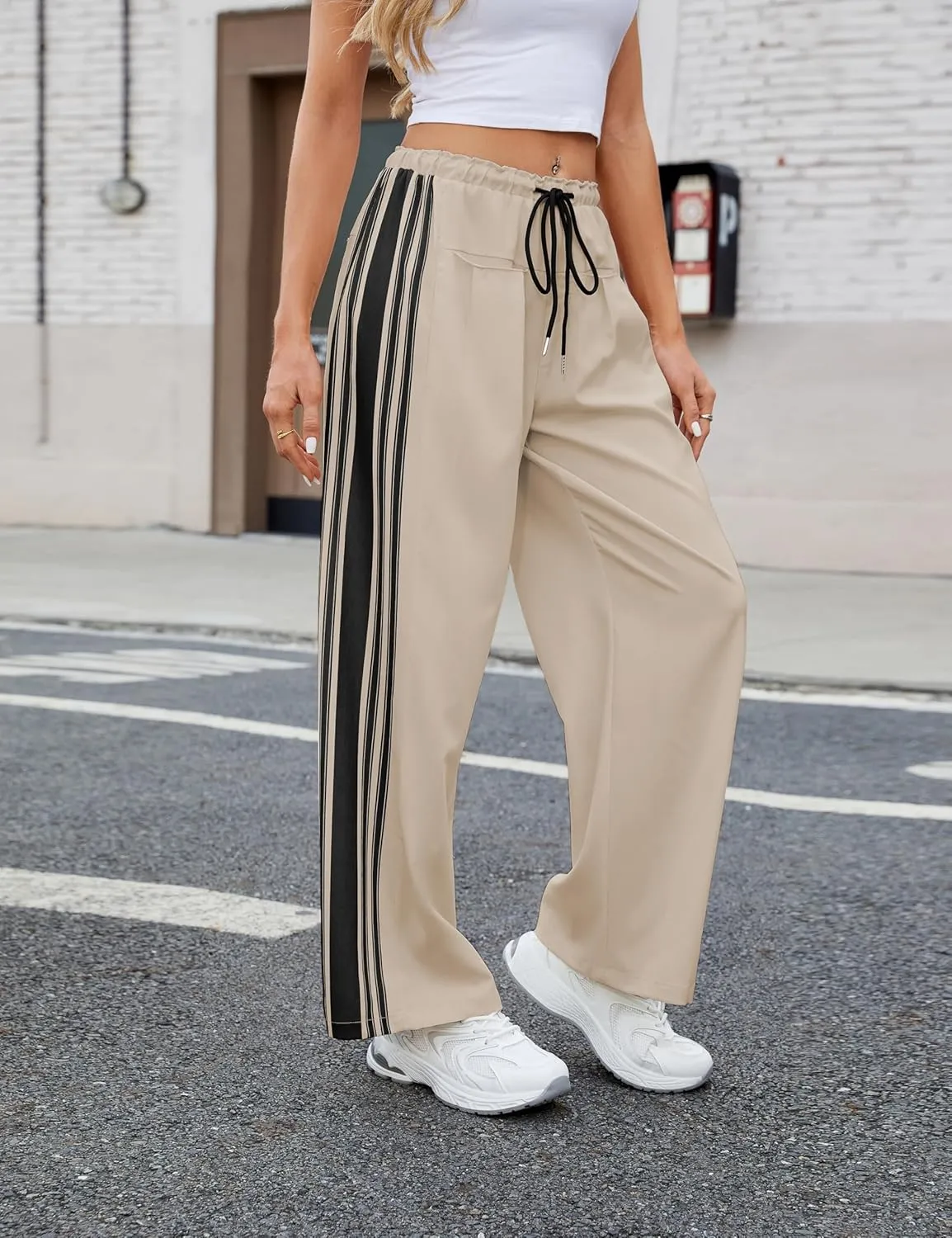 Bankeng Womens Side Striped Pants Wide Leg Drawstring High Waist Sweatpants Hudson Canyon Stripe Pants with Pockets