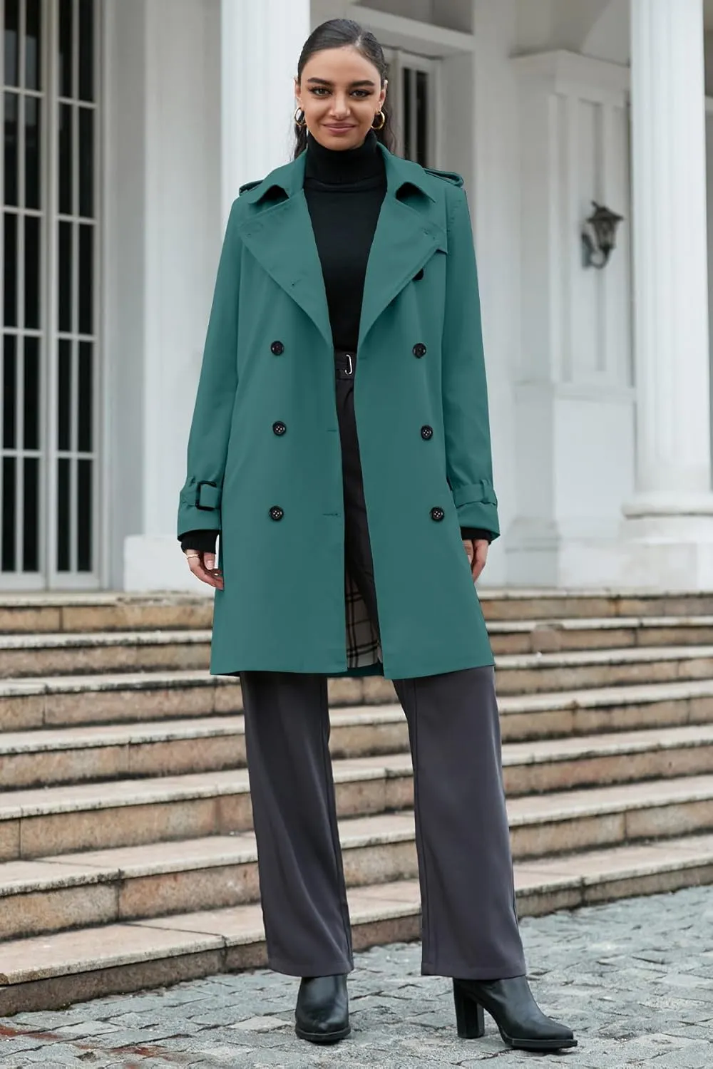 Betusline Women's Long Double-Breasted Waterproof Trench Coat with Belt