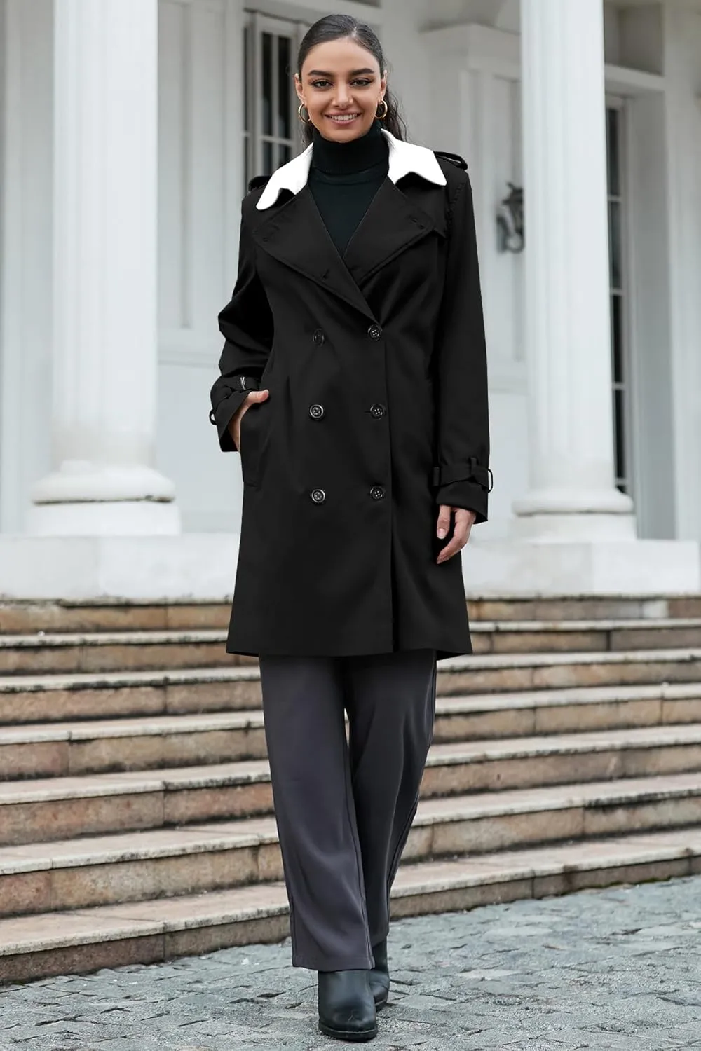 Betusline Women's Long Double-Breasted Waterproof Trench Coat with Belt