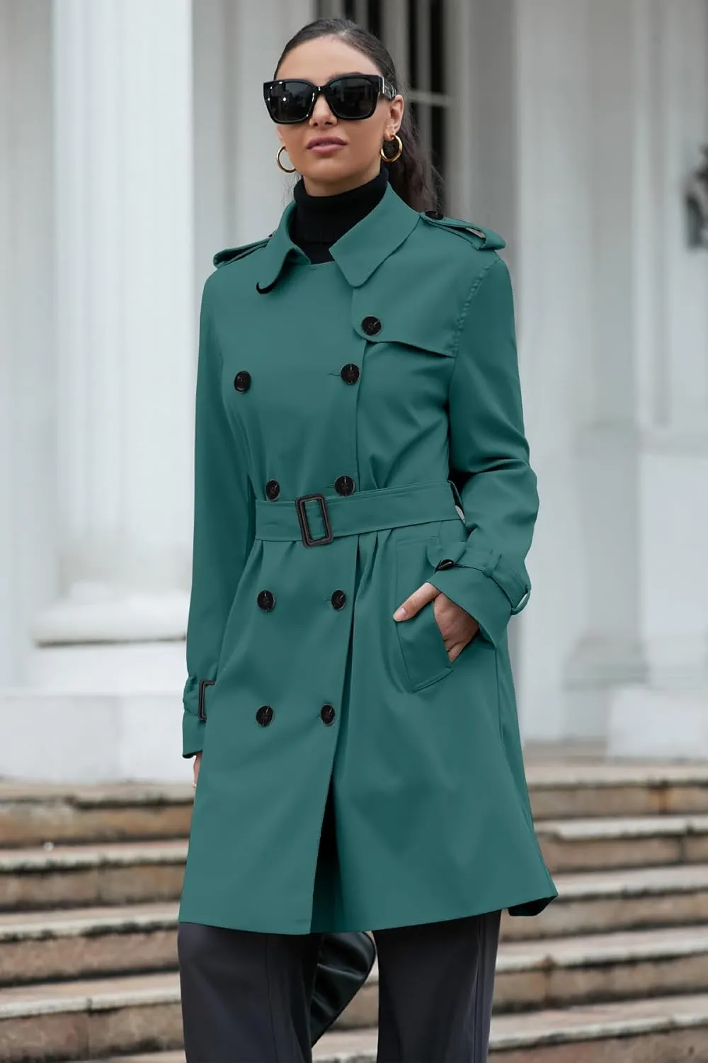 Betusline Women's Long Double-Breasted Waterproof Trench Coat with Belt