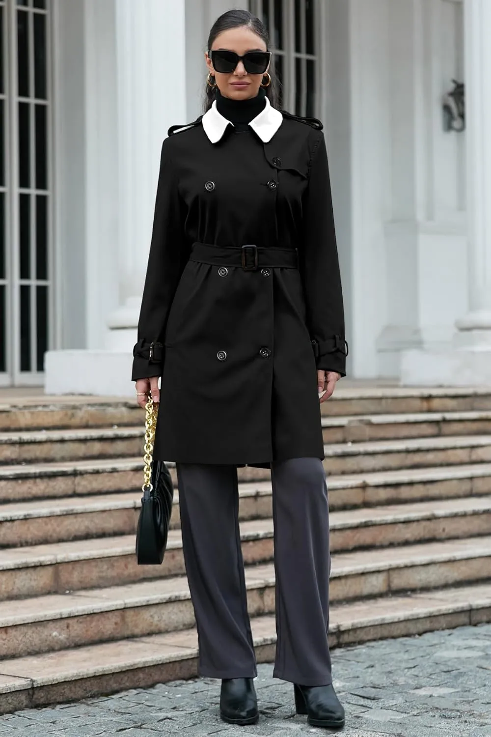 Betusline Women's Long Double-Breasted Waterproof Trench Coat with Belt
